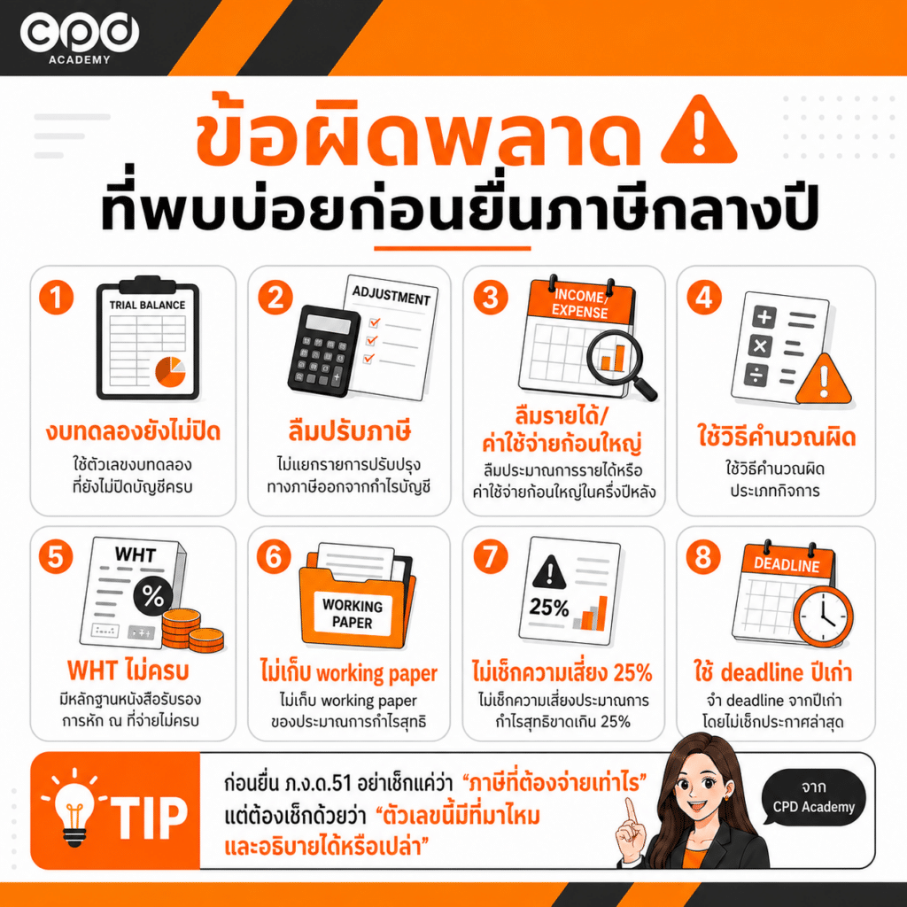 Checklist ก่อนยื่นภาษีกลางปี ภ.ง.ด.51 นักบัญชีต้องเช็กอะไรบ้าง? 6 ข้อผิดพลาดที่พบบ่อยก่อนยื่นภาษีกลางปี