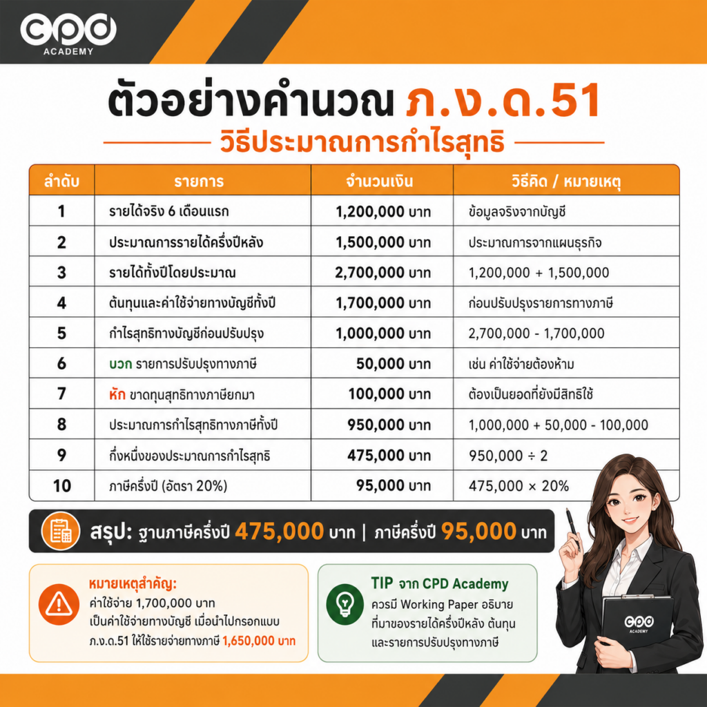 วิธีคำนวณภาษีครึ่งปีนิติบุคคล ภ.ง.ด.51 พร้อมตัวอย่างปี 2569 3 ตัวอย่างคำนวณ ภ.ง.ด.51 วิธีประมาณการกำไรสุทธิ