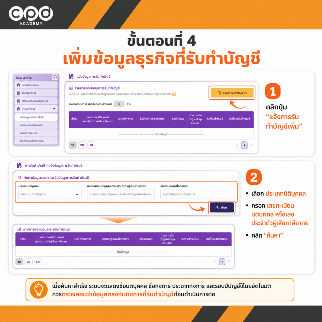 วิธีแจ้งรายชื่อธุรกิจที่รับทำบัญชี ภายใน 30 วันหลังรับงาน ผ่าน e-Accountant 7 เพิ่มข้อมูลธุรกิจที่รับทำบัญชี