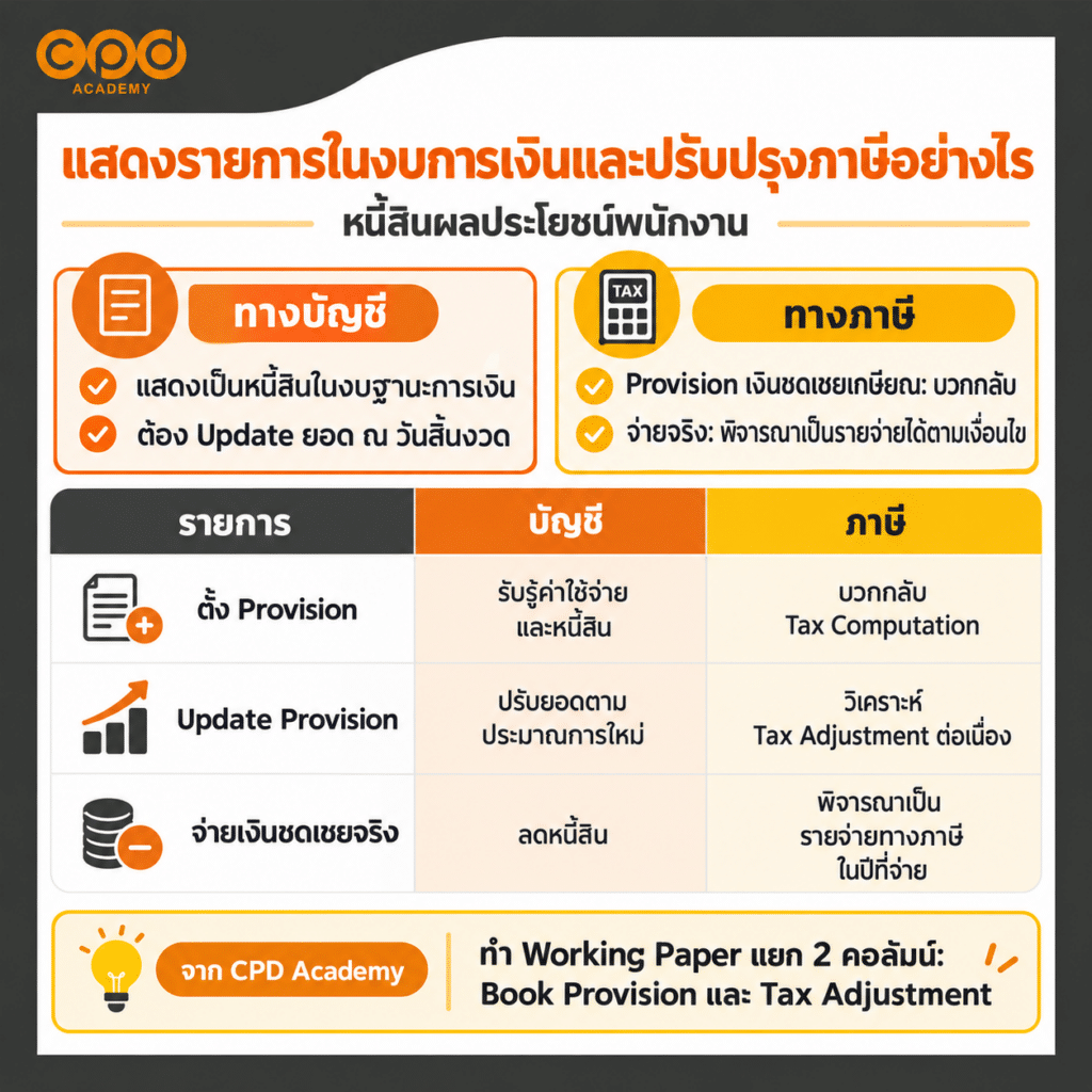 ประมาณการหนี้สินผลประโยชน์พนักงาน คืออะไร? คำนวณและบันทึกบัญชีอย่างไร 4 หนี้สินผลประโยชน์พนักงานแสดงในงบอย่างไรและปรับปรุงภาษีอย่างไร