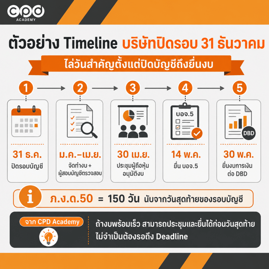 ยื่นงบการเงิน ภายในกี่วัน? สรุป Timeline ตั้งแต่ปิดบัญชีถึงยื่นงบ 4 ตัวอย่าง Timeline บริษัทปิดรอบ 31 ธันวาคม