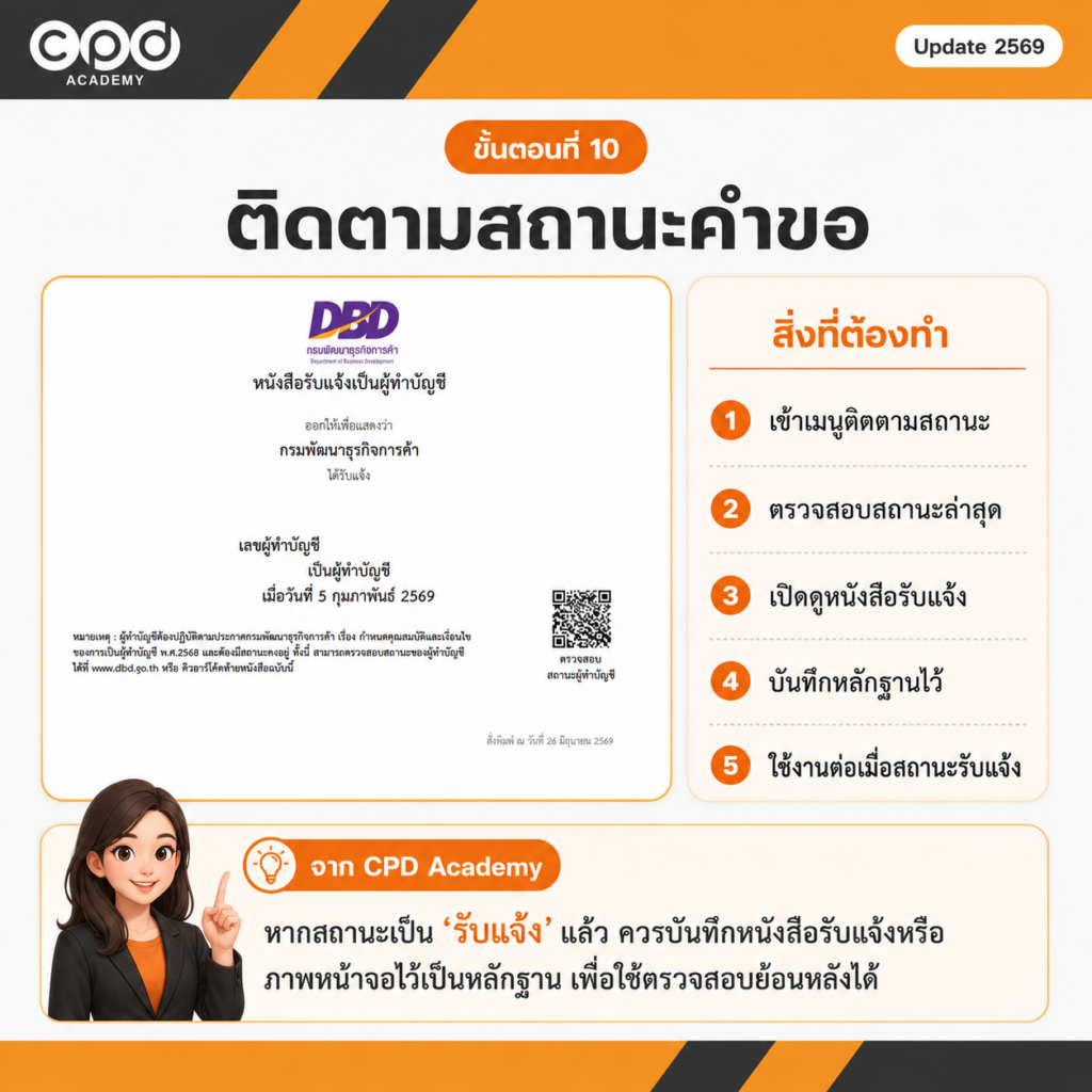 ขึ้นทะเบียนผู้ทำบัญชีครั้งแรก 2569 วิธีแจ้งผ่าน e-Accountant แบบละเอียด 12 ขั้นตอนที่ 10 ติดตามสถานะคำขอ