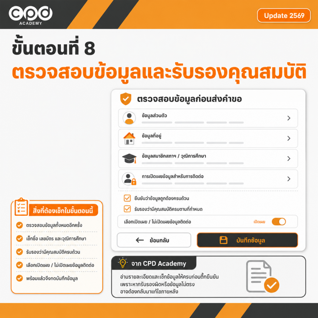 ขึ้นทะเบียนผู้ทำบัญชีครั้งแรก 2569 วิธีแจ้งผ่าน e-Accountant แบบละเอียด 10 ขั้นตอนที่ 8 ตรวจสอบข้อมูลและรับรองคุณสมบัติ