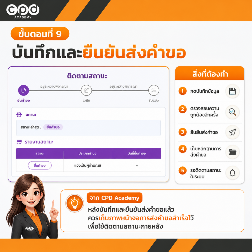 ขึ้นทะเบียนผู้ทำบัญชีครั้งแรก 2569 วิธีแจ้งผ่าน e-Accountant แบบละเอียด 11 ขั้นตอนที่ 9 บันทึกและยืนยันส่งคำขอ