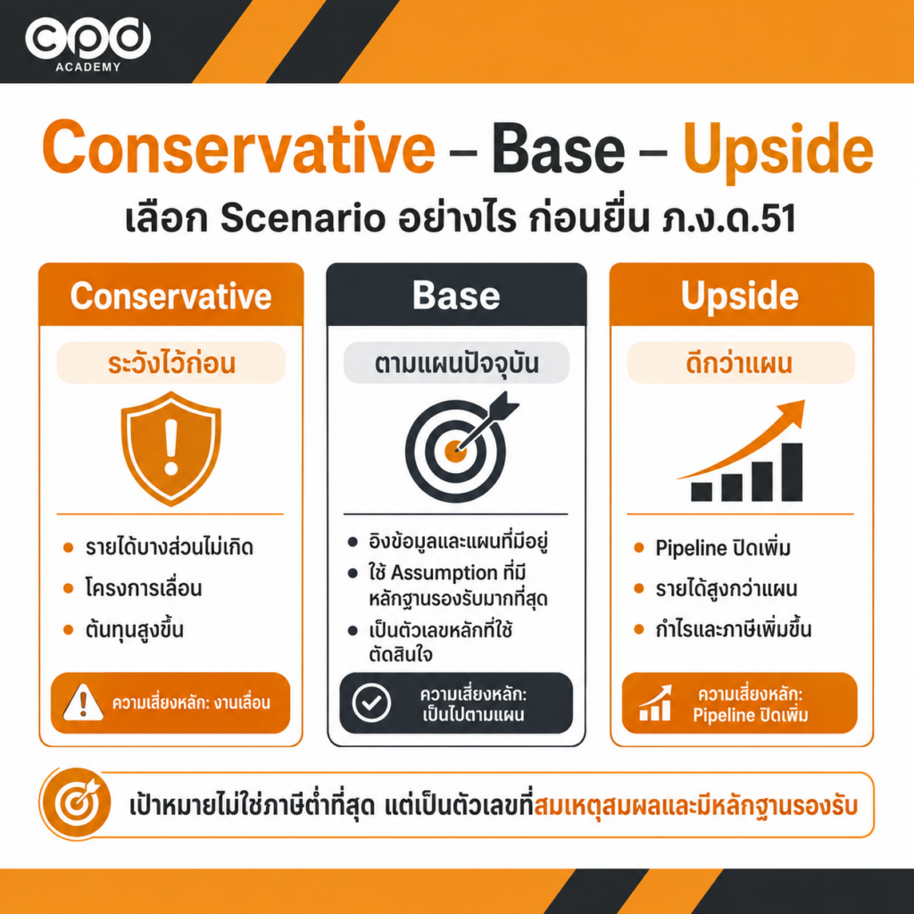 วิธีประมาณการกำไรสุทธิ ภ.ง.ด.51 จาก Actual ถึง Forecast พร้อมตัวอย่าง 6 การเลือก Scenario ก่อนยื่น ภ.ง.ด.51 Conservative, Base และ Upside